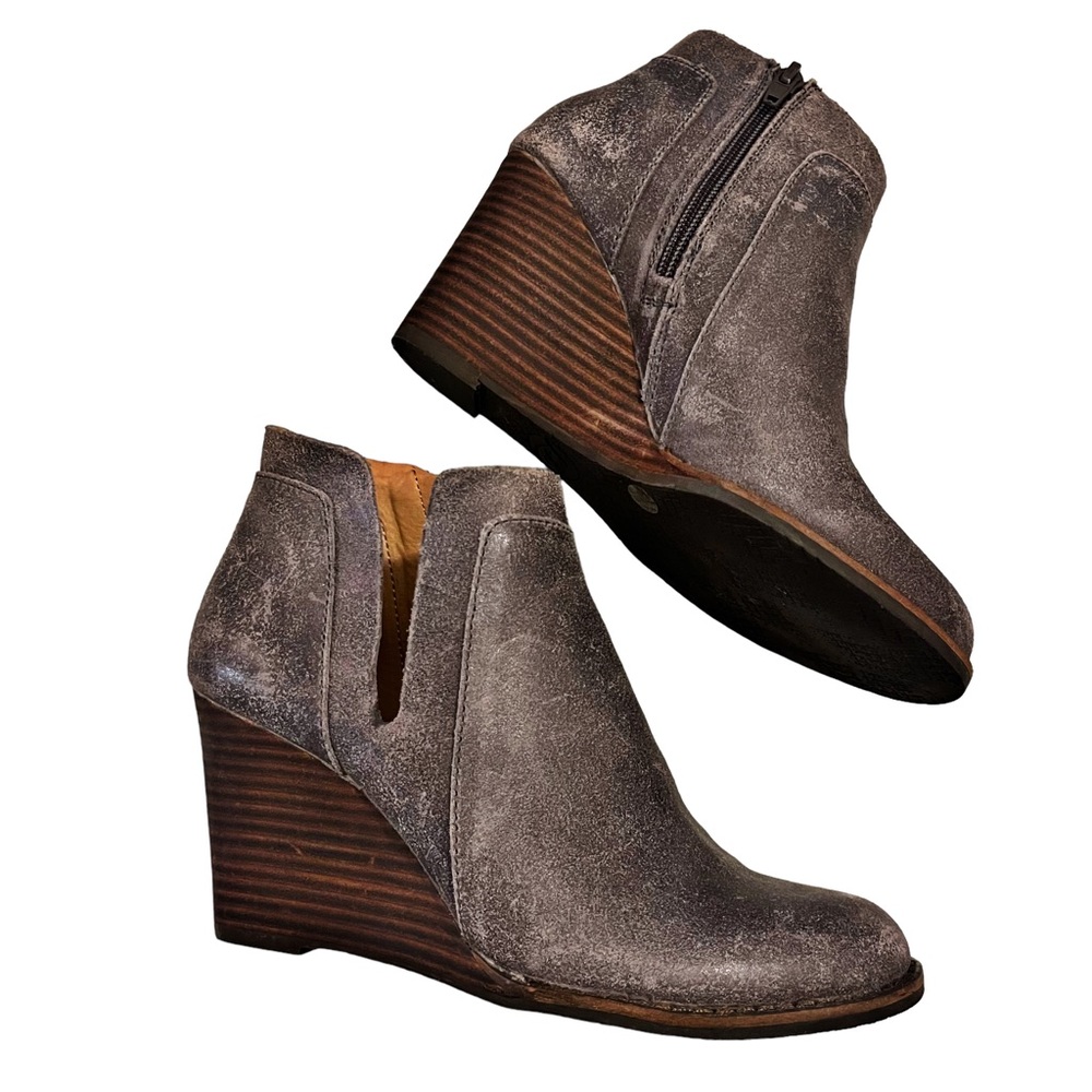 Women's Lucky Brand YABBA Ankle Boot STORM POWELL Wedge Stacked Leather Size 6.5 - Picture 4 of 12